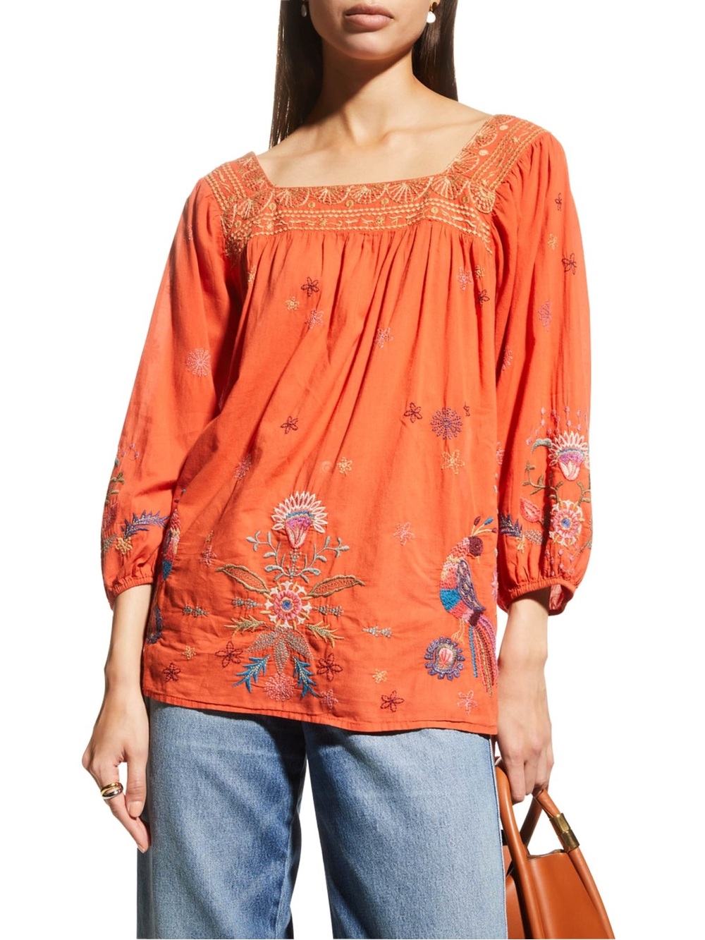 JOHNNY WAS Floral Peacock Embroidered Square-Neck Peasant Blouse Tunic XXL